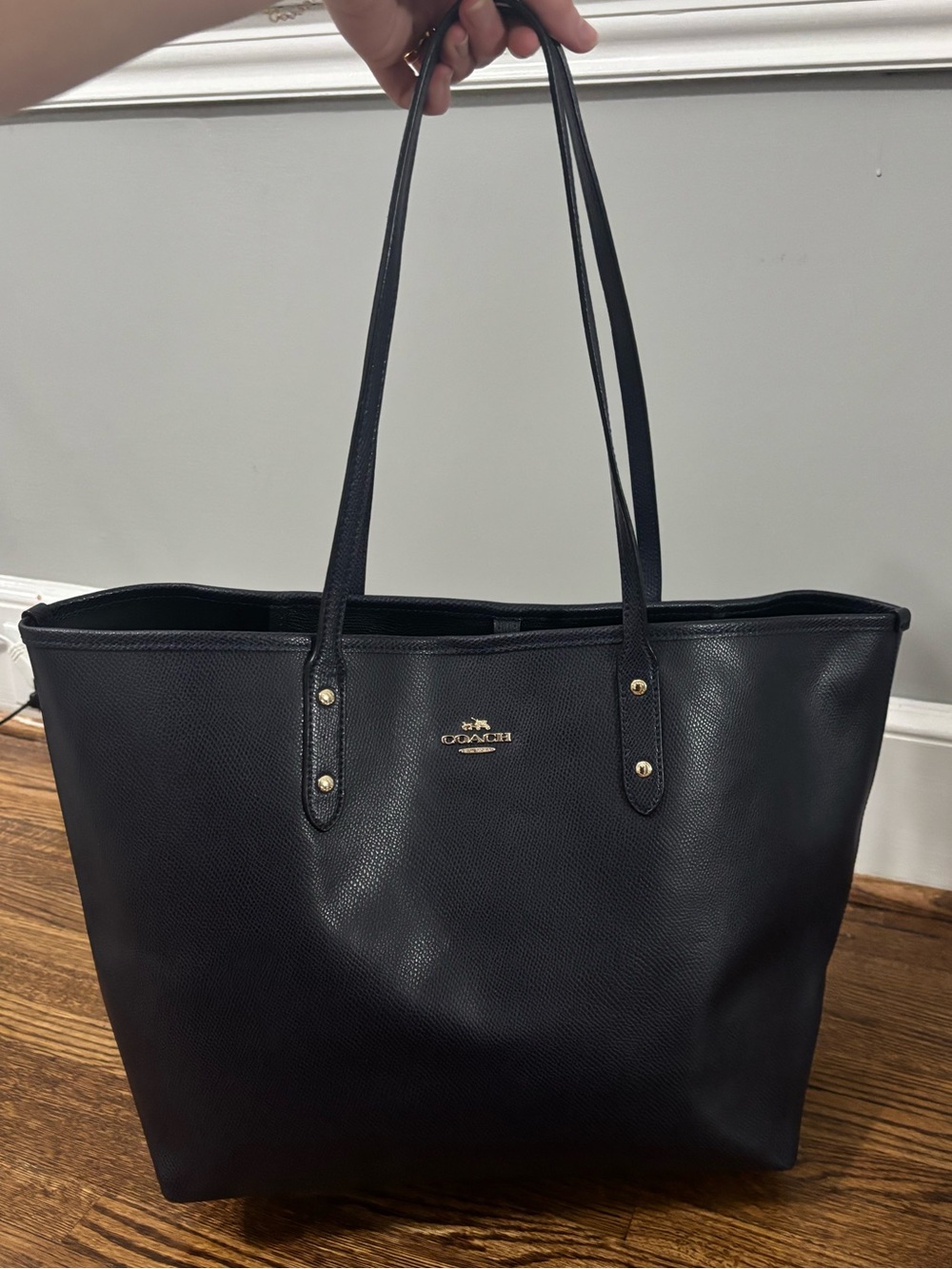 Coach Dark Navy Blue Leather Tote with Gold Hardware